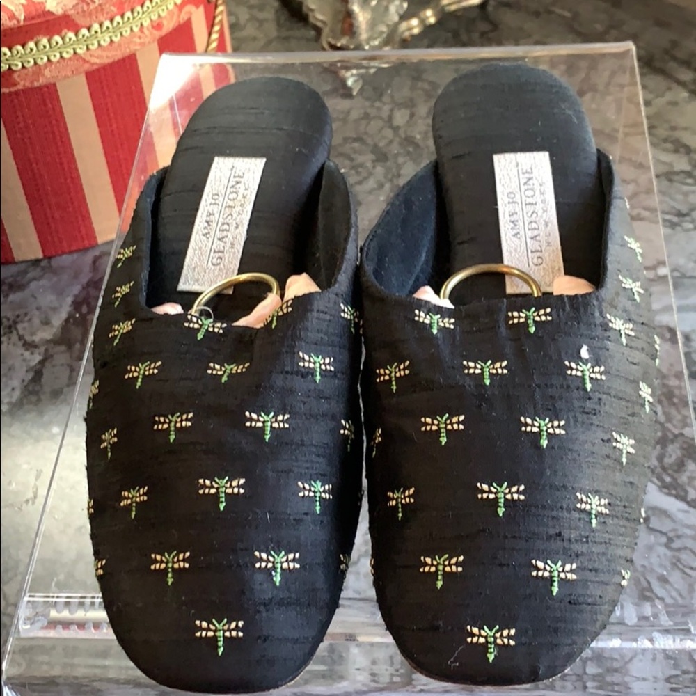 AMY JO GLADSTONE SLIPPERS VTG BLK RAW SILK SZ M